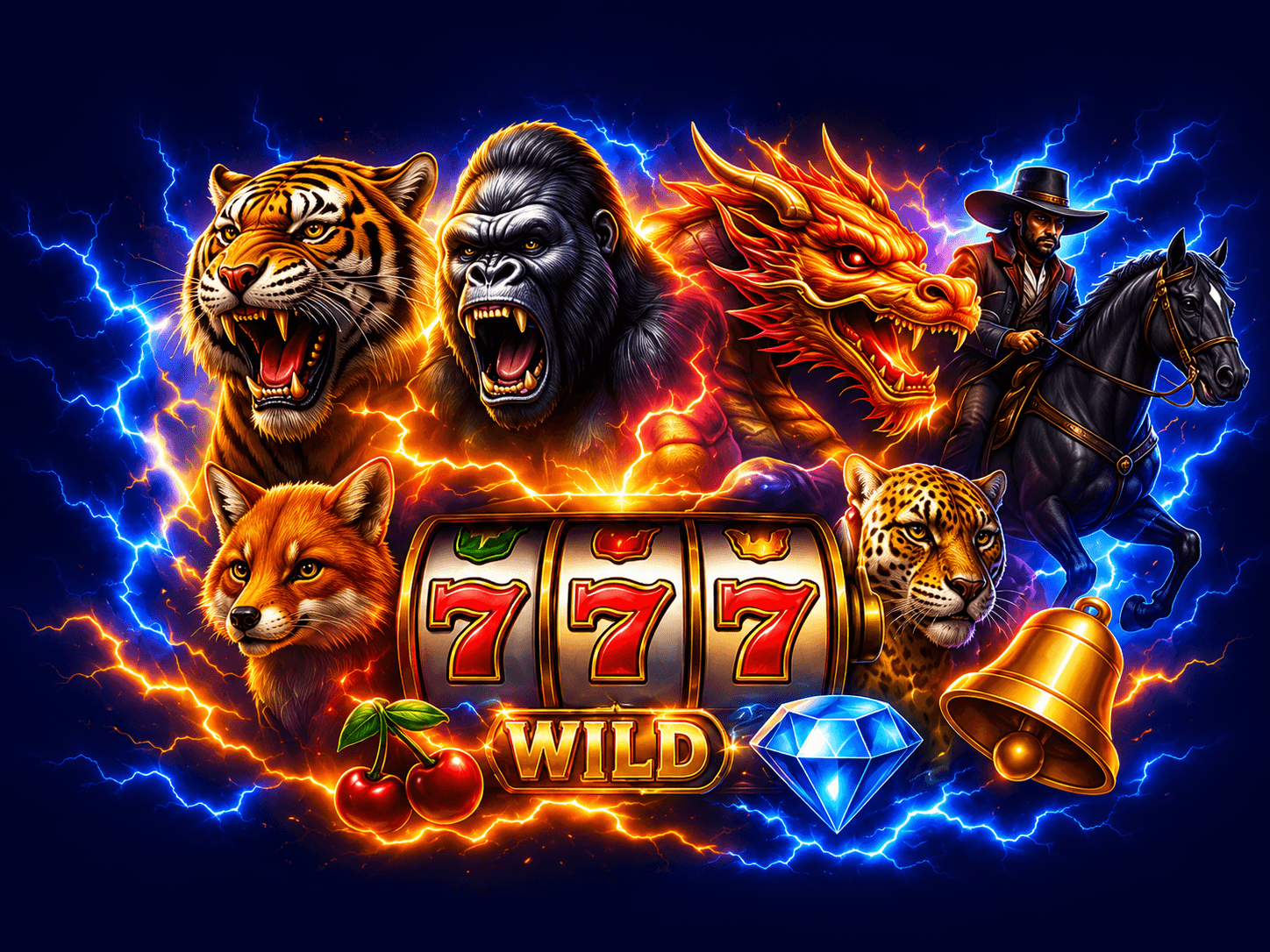 Lightning Box Games slot characters with tiger, gorilla, dragon, horseman and jackpot reels